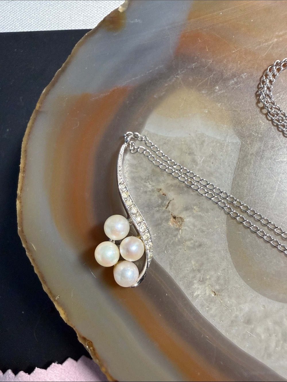 Vintage Panetta 925 Silver & Pearl Rhinestone Necklace 16" + 1" pendant Guc